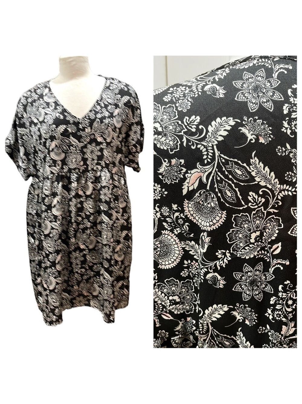 Zig Zag Stripe Black White Floral Print Vee Neck Dress Short Sleeve SZ 2XL